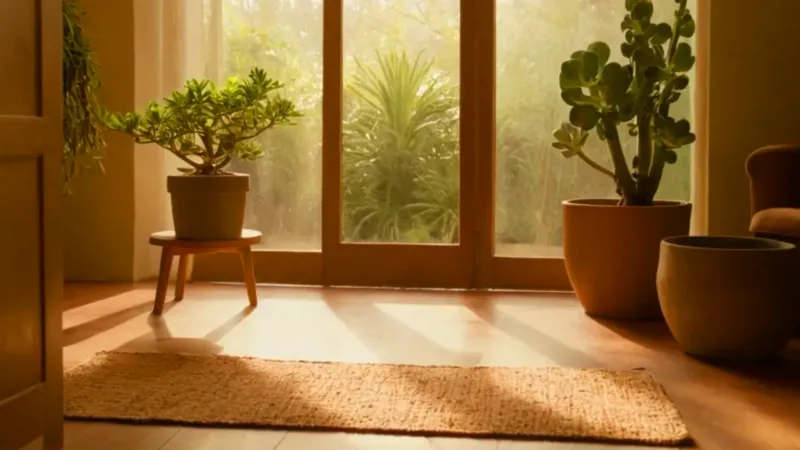 Figura cuida una planta en habitación soleada