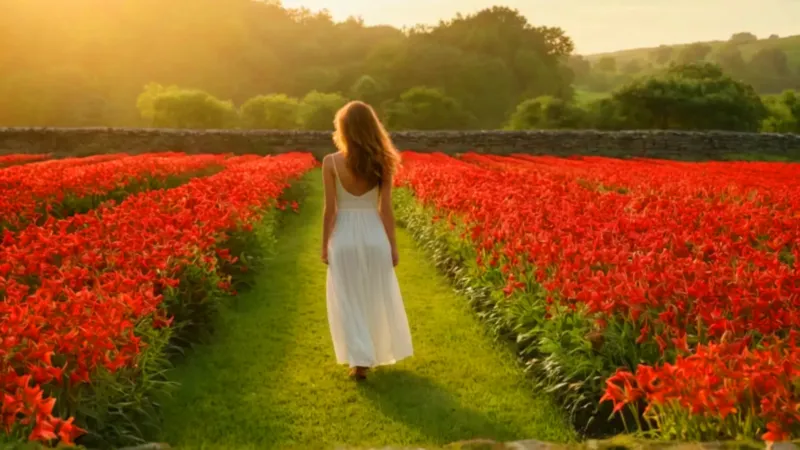 Mujer entre un mar de flores rojas