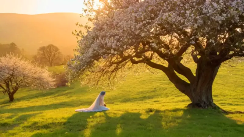 Figura bajo un manzano florido al atardecer