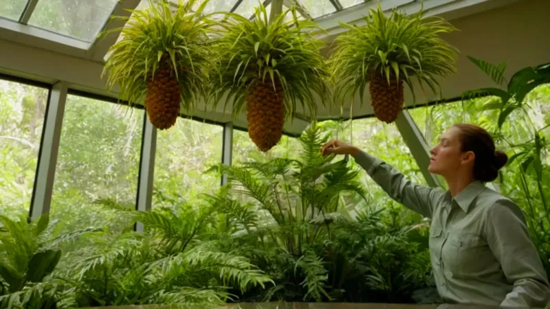 Persona entre plantas exóticas en invernadero