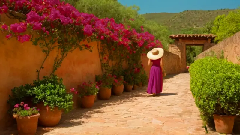 Mujer en un patio florido bajo el sol
