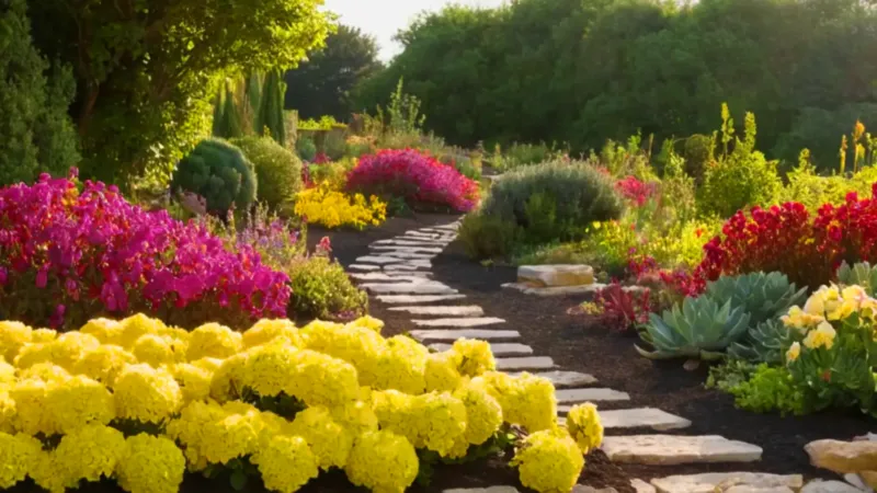 Una figura cuida un florido jardín soleado