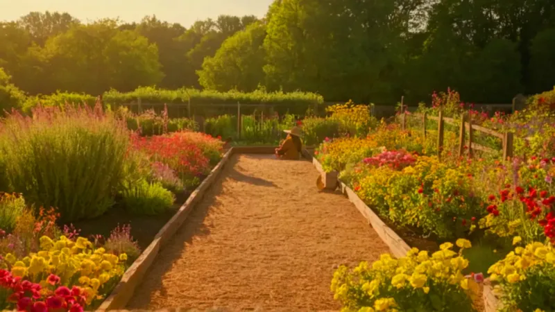 Una persona cultiva un jardín muy soleado