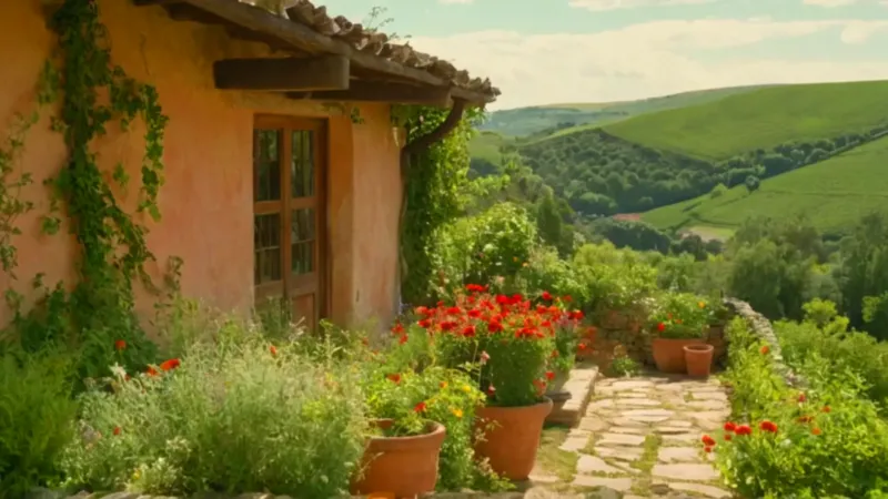Mujer atiende su florido jardín al sol