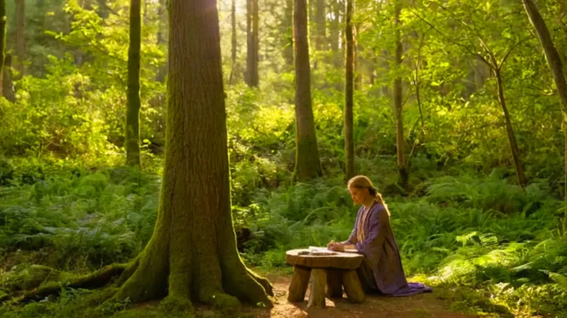 Una artesana teje en el bosque