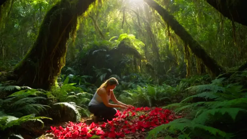 Persona admira una flor gigante en la selva
