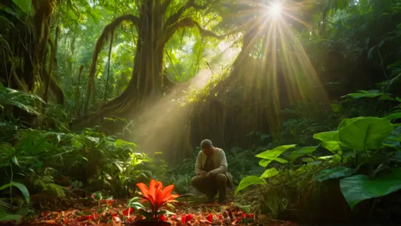 Una persona descubre una flor en la selva