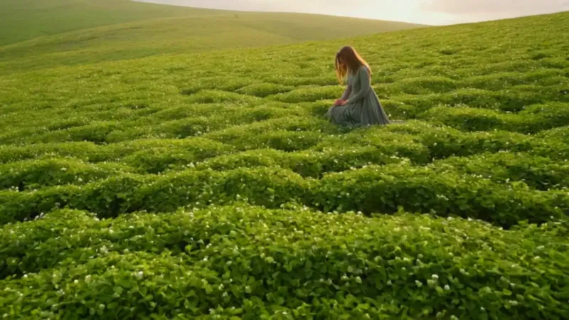 Figura solitaria en un brumoso mar verde