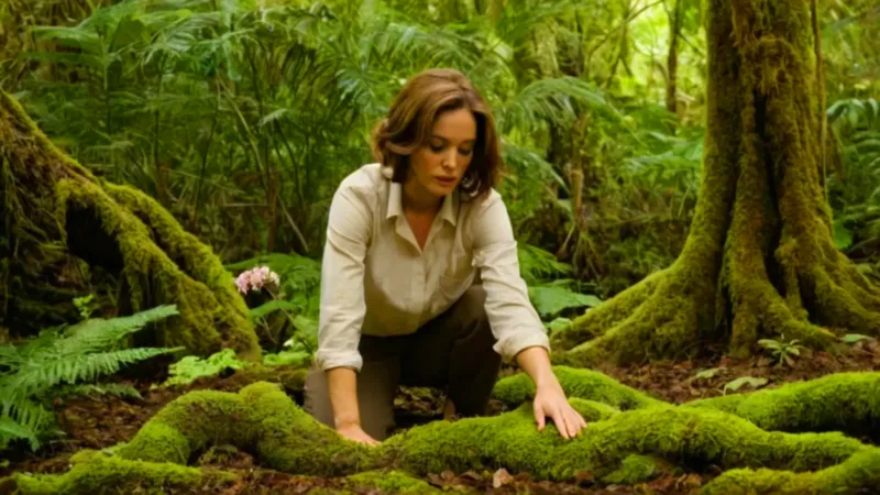 Mujer admira la flora en la selva