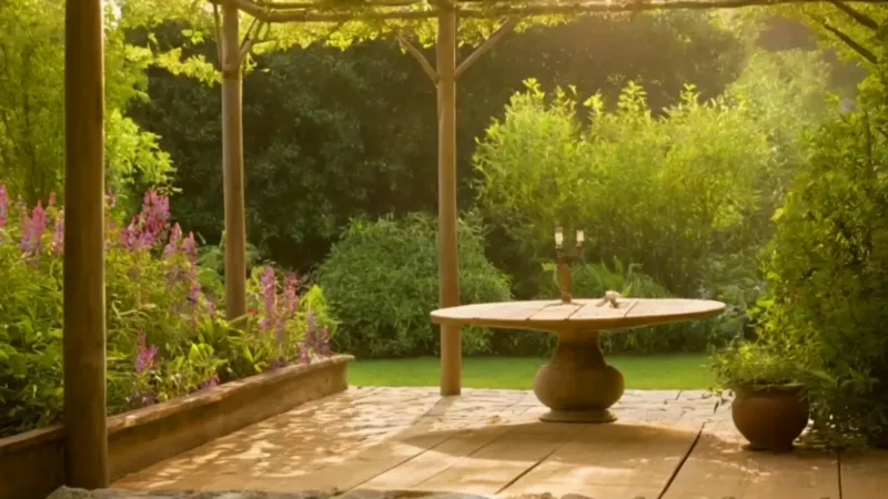 Figura contempla un sereno jardín en flor