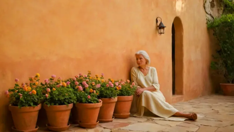 Anciana contempla el atardecer en el patio