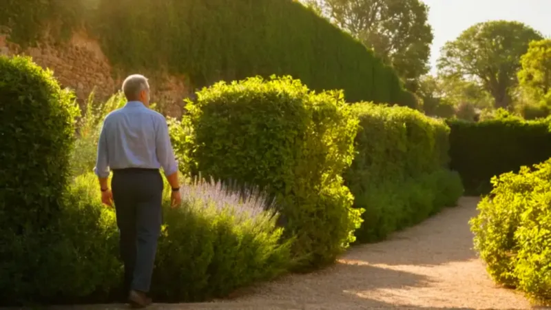 Hombre cuida su jardín rústico al sol