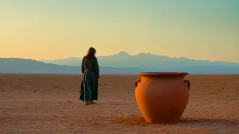 Figura solitaria en el atardecer yermo