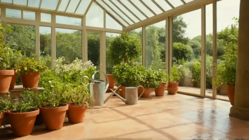 Jardinero en un luminoso y tranquilo invernadero
