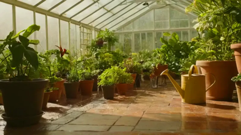 Una persona cuida plantas en un invernadero