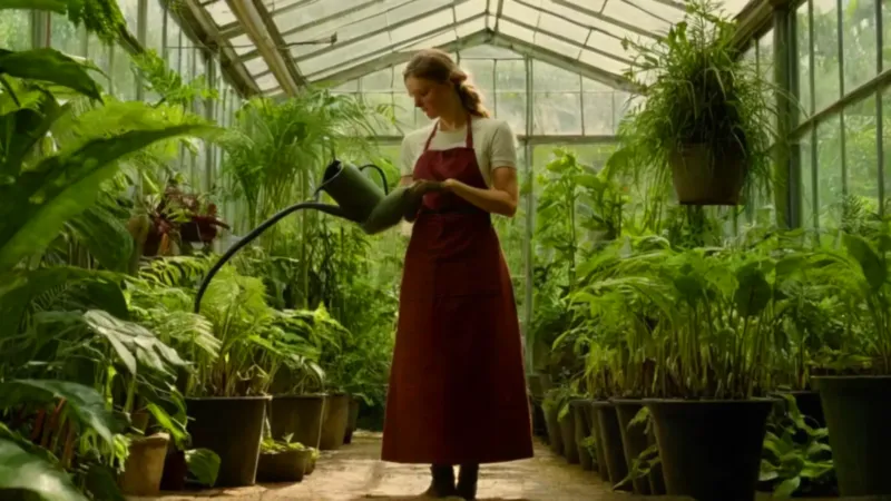 Alguien riega una planta en el invernadero