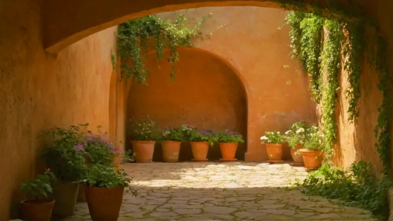 Figura solitaria en un patio de piedra