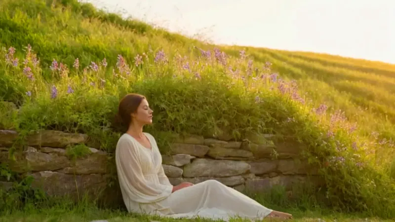 Mujer serena en un prado dorado