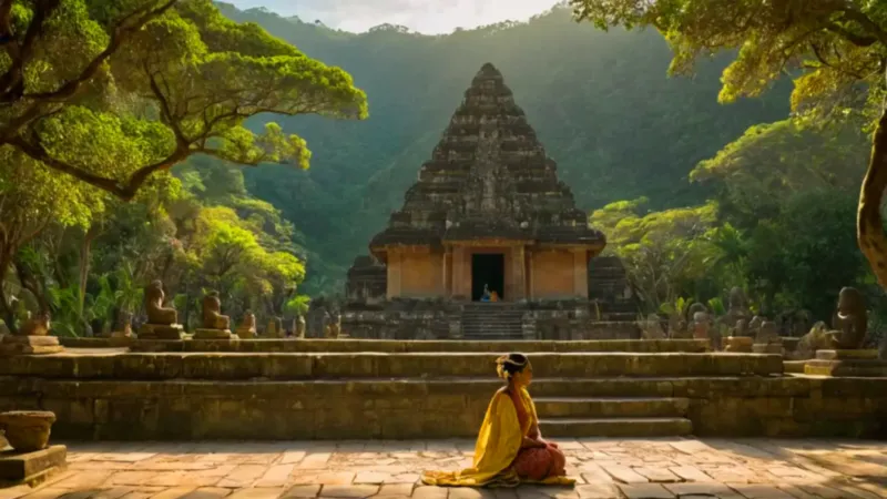 Mujer contempla el antiguo templo selvático