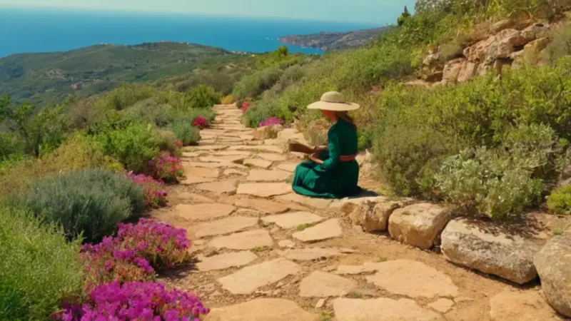 Alguien cuida flores en la ladera soleada