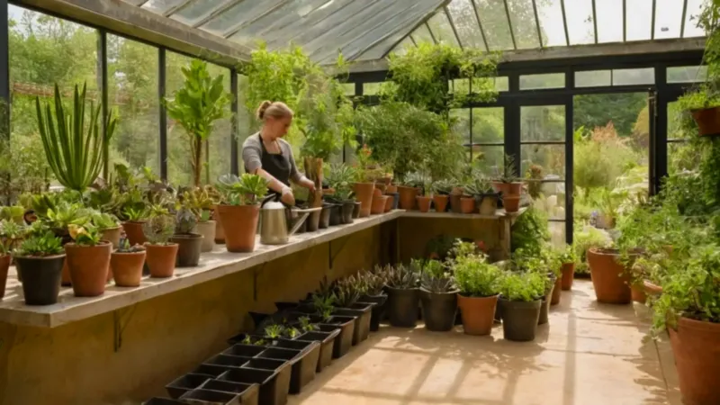 Un jardinero cuida plantas en un invernadero