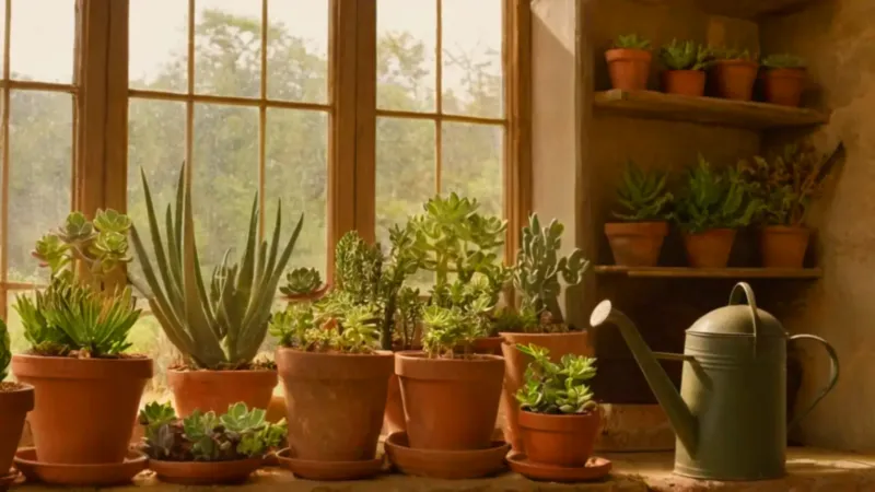 Alguien cuida plantas en un invernadero soleado