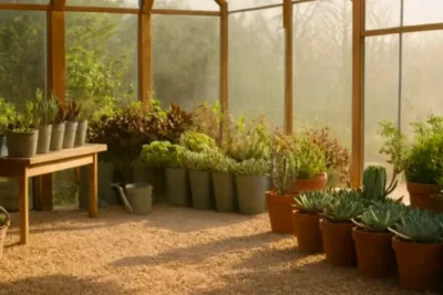 Invernadero luminoso con plantas y una persona