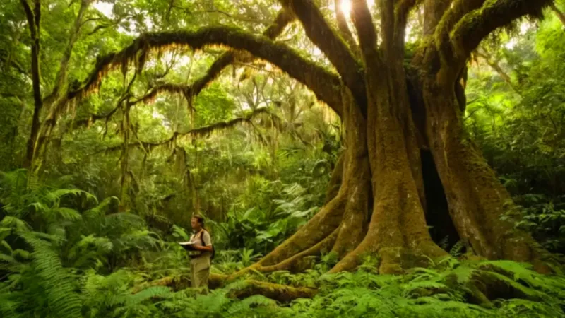 Un explorador admira una ceiba ancestral selvática