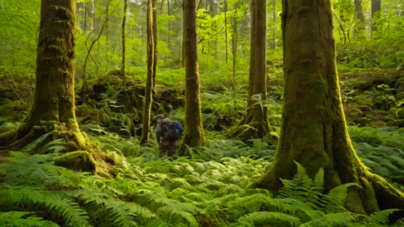 Figura solitaria en el bosque iluminado