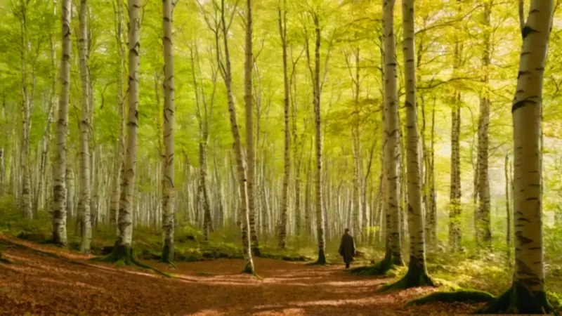 Figura solitaria en un bosque de abedules