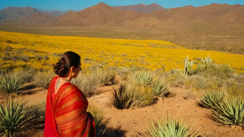 Mujer cuida un maguey en paisaje árido