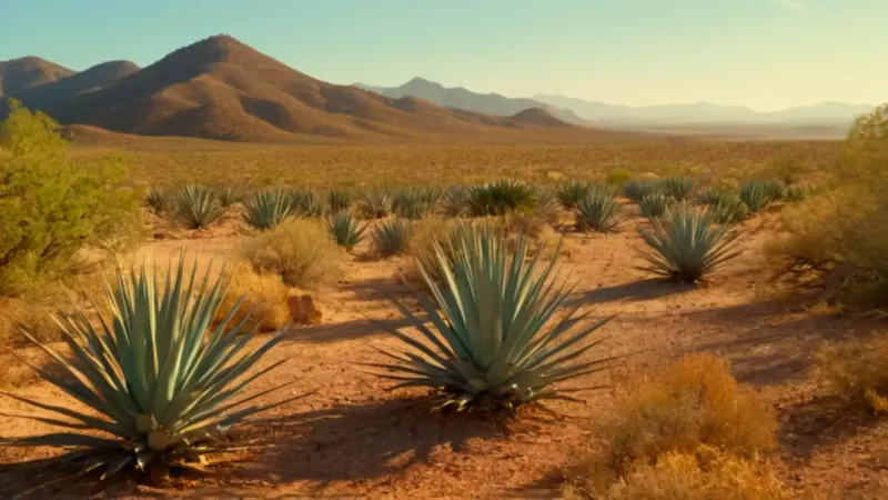 Hombre entre agaves en el atardecer