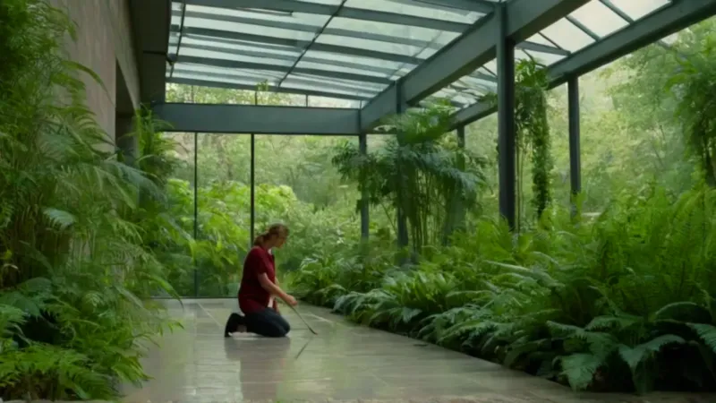 Persona cuidando plantas en un invernadero