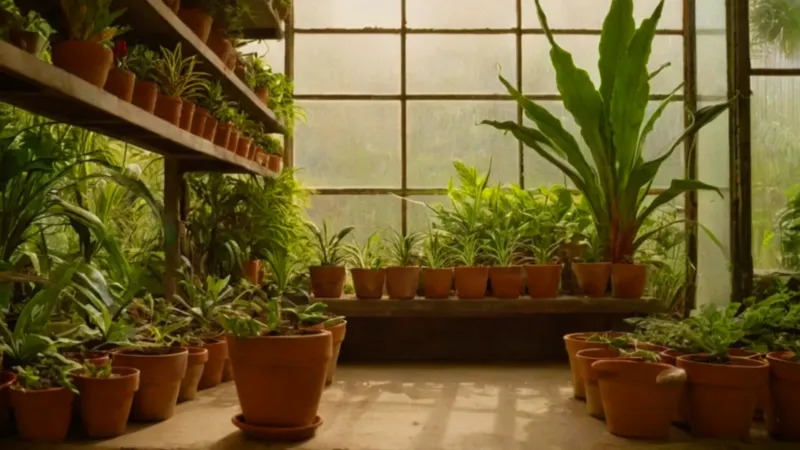 Una persona riega plantas en un invernadero