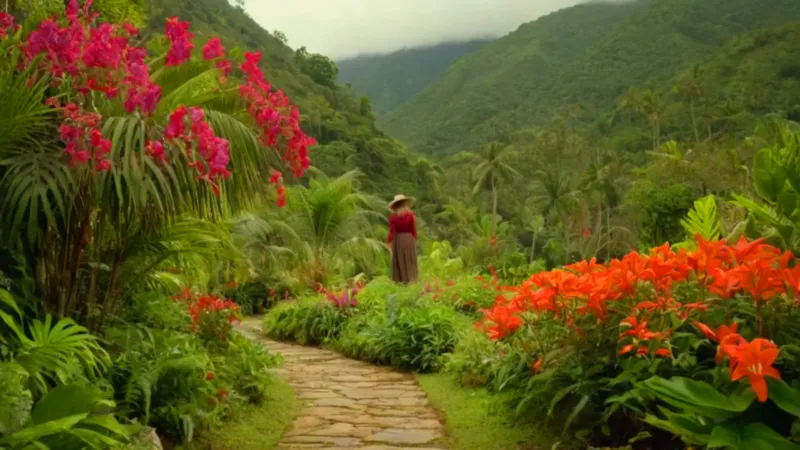 Mujer atendiendo un jardín tropical