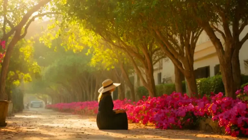 Mujer arrodillada entre flores bajo el sol