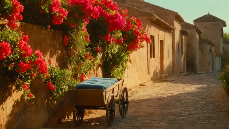 Carreta de cempasúchil en una calle colonial