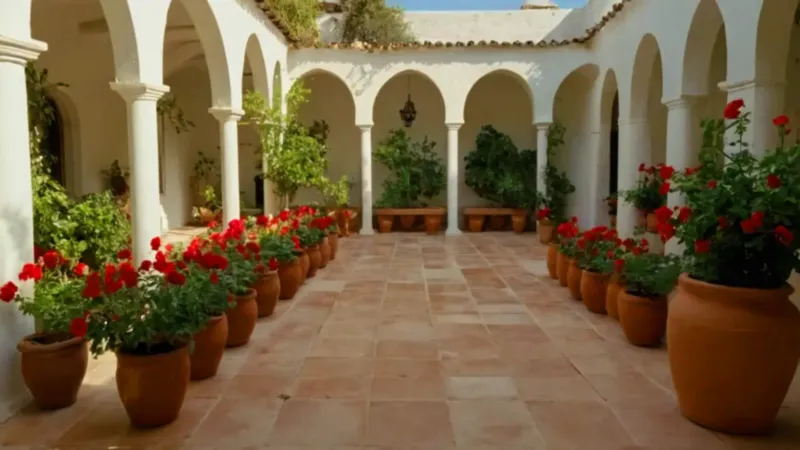 Figura en un patio soleado y florido