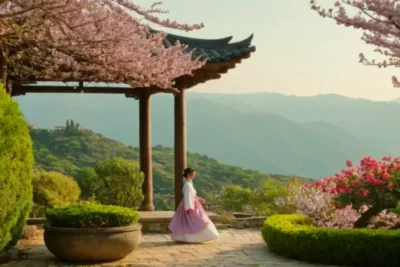 Mujer con hanbok en un sereno jardín