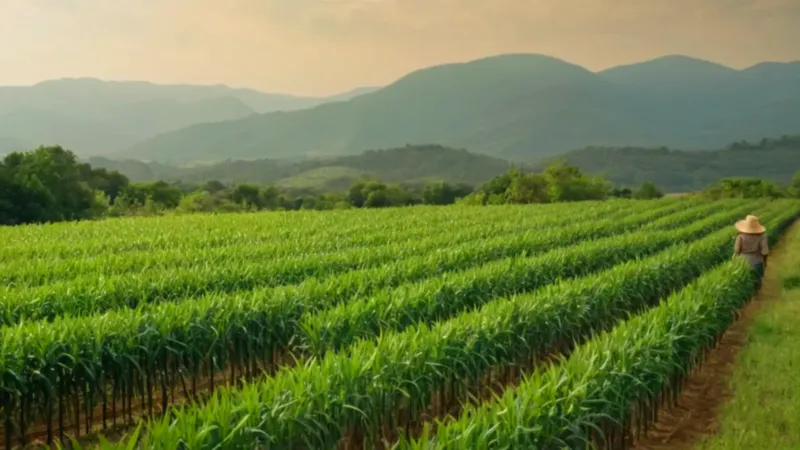 Un campesino en el maizal al atardecer