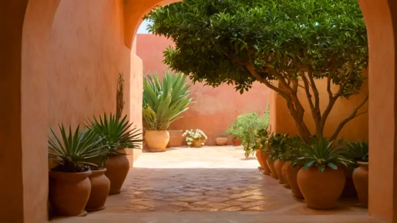 Mujer cuida plantas en un patio soleado