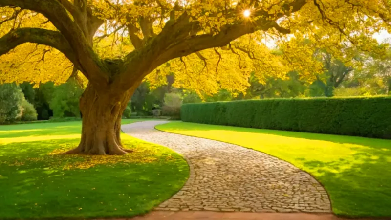 Un colosal árbol dorado domina el atardecer