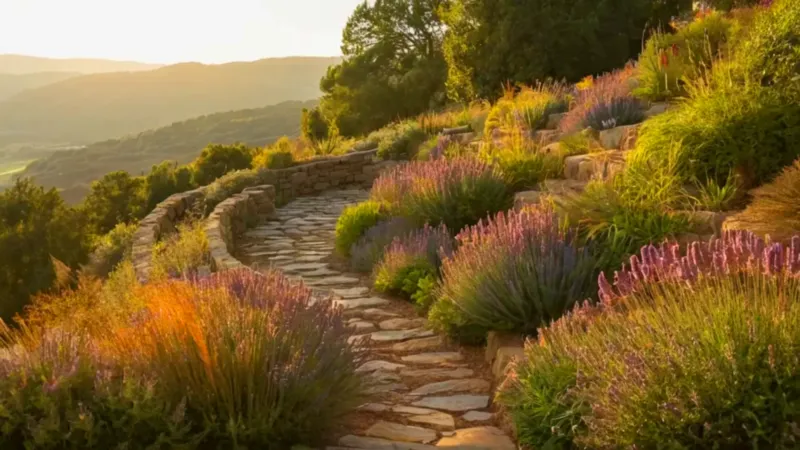 Mujer cuidando su jardín en el atardecer