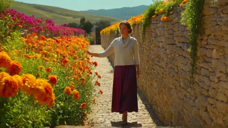 Mujer entre flores y montañas al atardecer