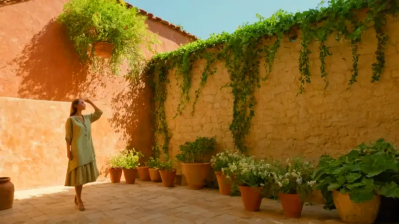 Mujer cuida un jardín vertical soleado