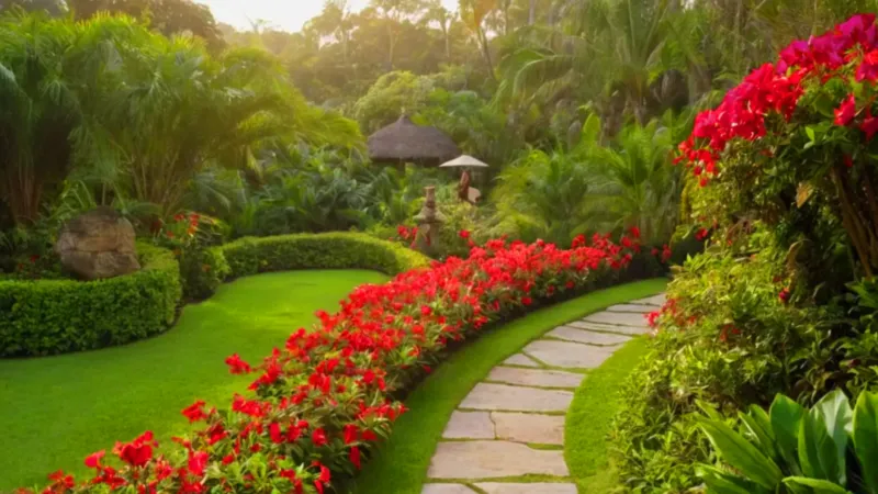 Mujer en un exuberante jardín tropical