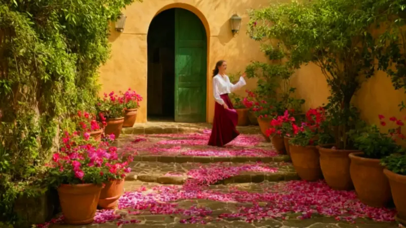 Mujer en un exuberante patio con flores
