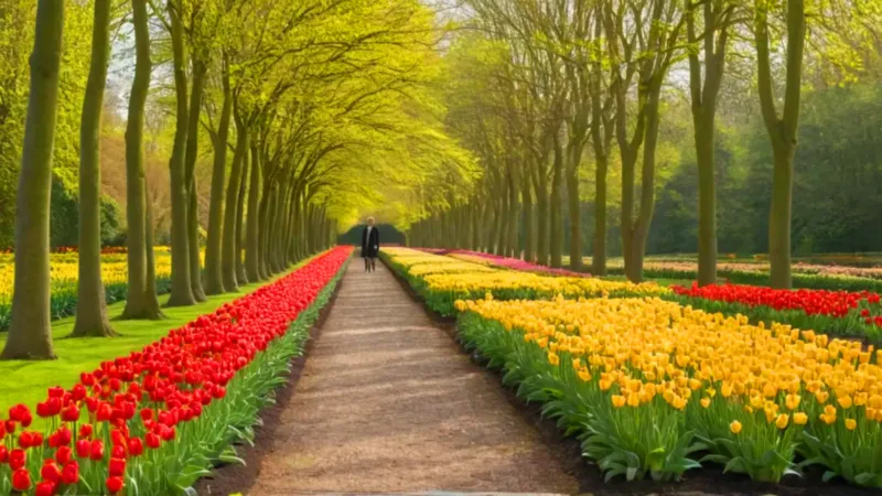 Figura solitaria pasea entre vibrantes tulipanes