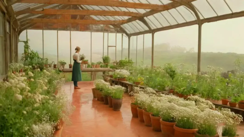 Una persona cuida flores en un invernadero