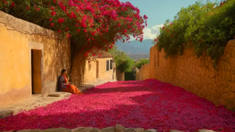 Mujer barre las flores de la calle